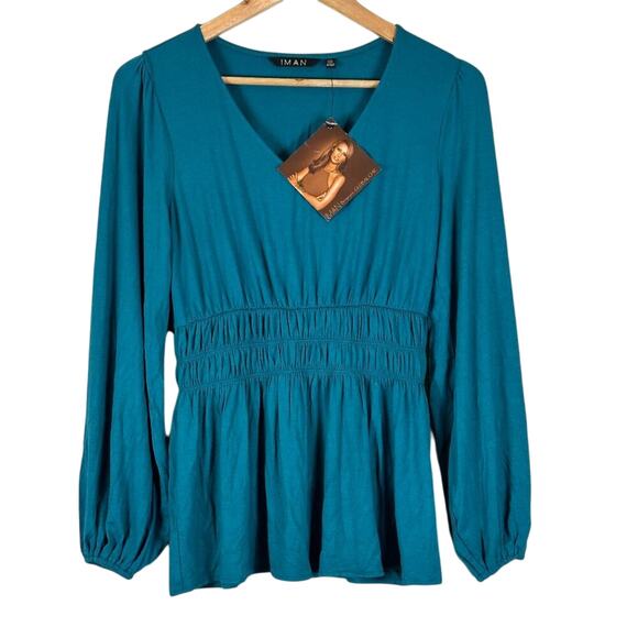 NWT IMAN Peplum Top Womens XS Blue V-Neck Smocked Balloon Sleeve Lightweight - Picture 2 of 6